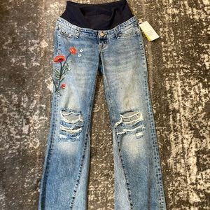 Mom maternity denim jeans ripped knees cropped embroidered flare kick SZ 2/4 NWT